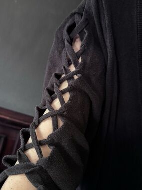 torrid Distressed Black Button Up Sweater with Lace-Up Sleeve, Size 3